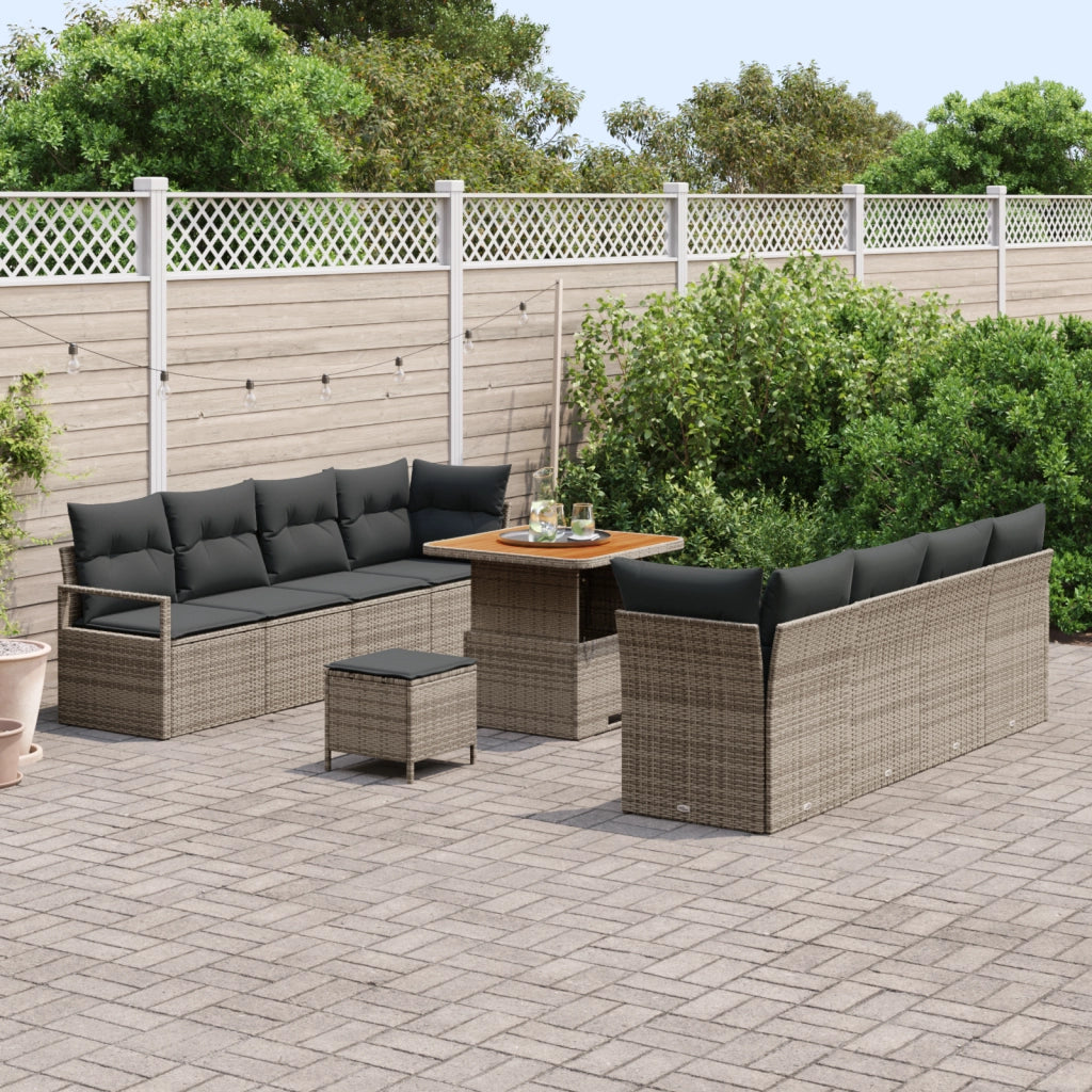 Set Divano da Giardino in 11 Pezzi con Cuscini Grigio Polyrattan Acacia