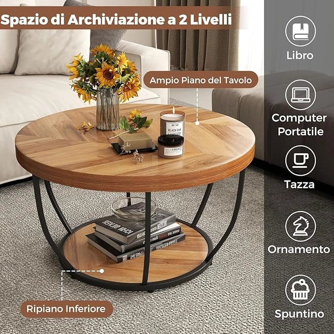 Tavolino da Caffè Rotondo a 2 Ripiani, Tavolo da Salotto in Legno con Struttura in Metallo, Tavolino Soggiorno Industriale con Piedini Regolabili, 80 x 80 x 45 cm (Moderno)