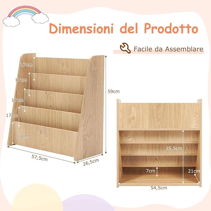 Libreria per Bambini a 4 Ripiani, Scaffale in Legno con Ampio Spazio di Esposizione, Porta Riviste per Camera dei Bambini Sala Giochi e Aula, 57,5x26,5x59 cm (Naturale)