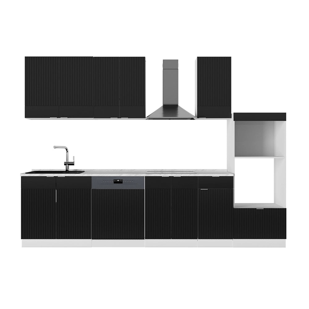 Cucina componibile Fame-Line Nero rigato/Bianco 300 cm con armadio alto, PL Marmo Vicco