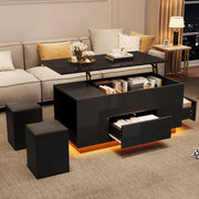 Tavolino da caffè elevabile con LED, 2 cassetti e 2 pouf nero
