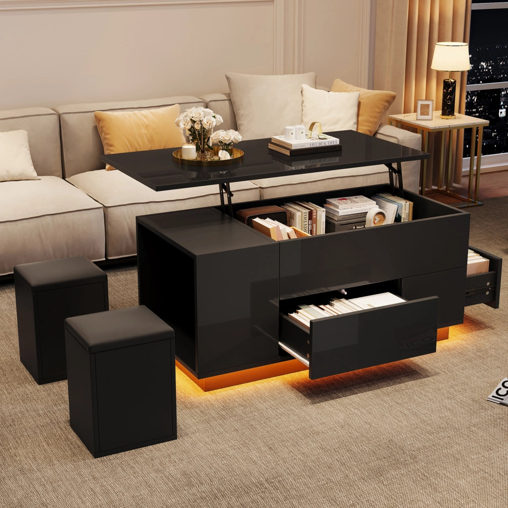 Tavolino da caffè elevabile con LED, 2 cassetti e 2 pouf nero