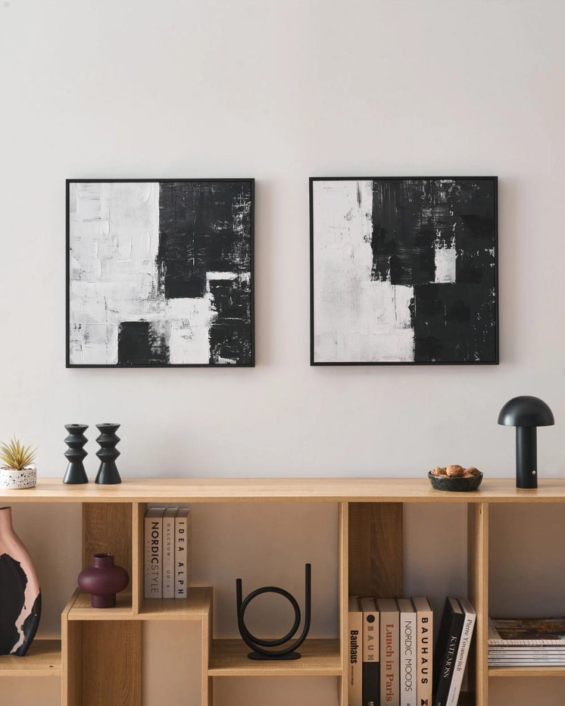 Set di 2 stampe su tela nera da parete, decorazione artigianale con forme astratte, materiali sintetici, cornice in legno di pino, per il soggiorno