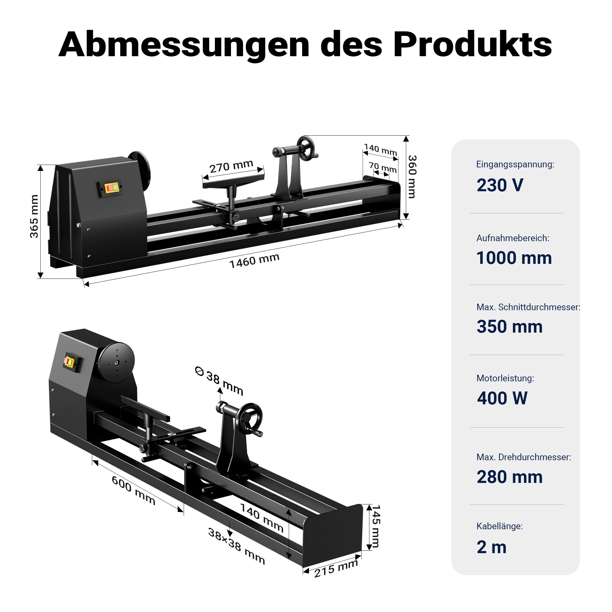 Tornio da banco per legno da 350 watt 1000 mm, diametro di tornitura 350 mm, per tornitura legno