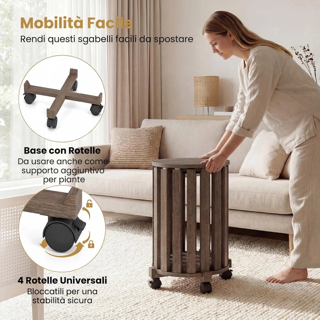 Set di 4 Sgabelli Impilabili 4 in 1, Sgabelli in Legno con Portavaso con Rotelle, 2 Grandi Ø36 cm e 2 Piccoli Ø35 cm, Tavolino Laterale Rotondo per Soggiorno e Camera da Letto (Marrone)