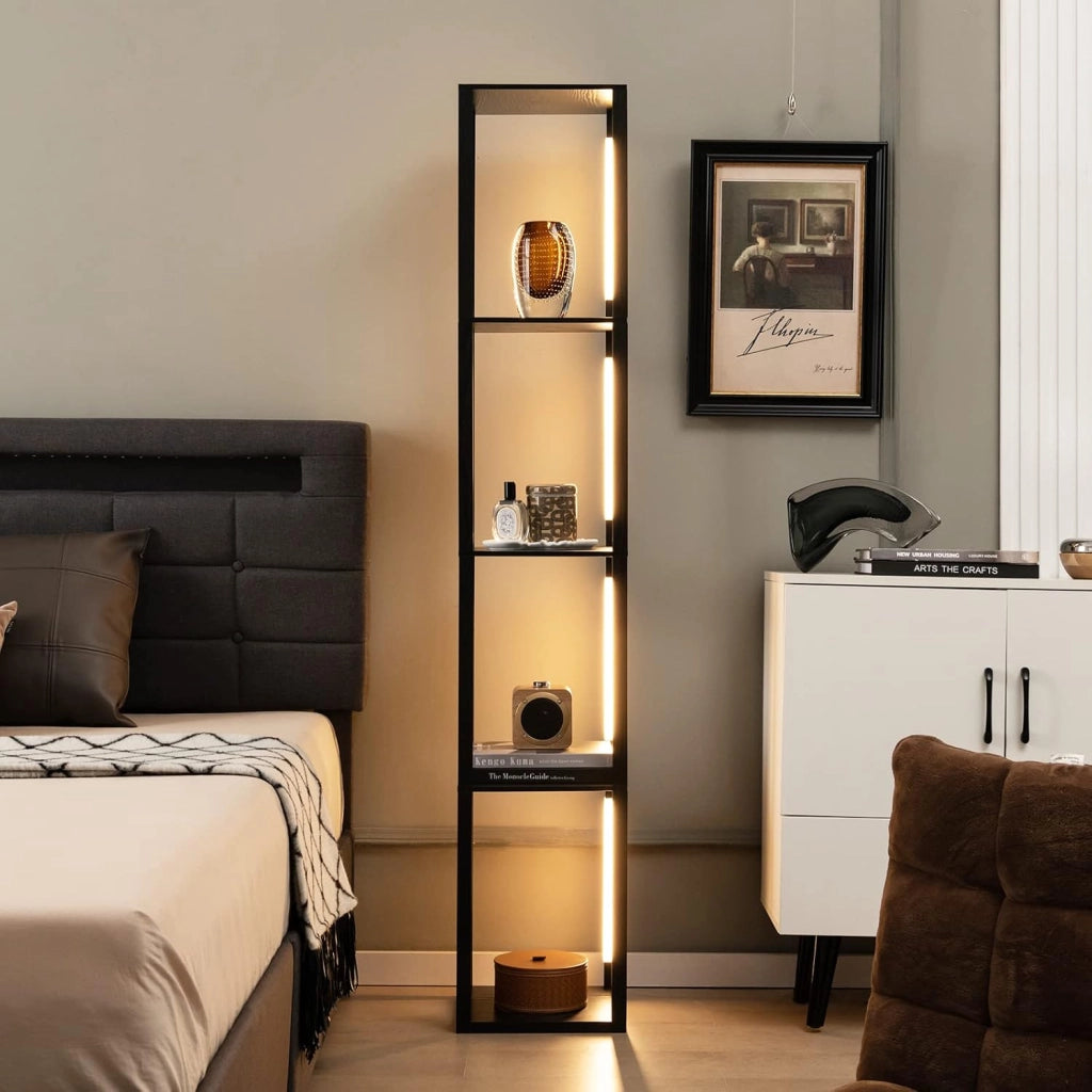 Lampada da Terra con Mensola, Lampadine LED Dimmerabili a 3 Livelli e Poli LED Ruotabili, Piantana Lampada da Terra per Soggiorno, Studio e Camera da Letto