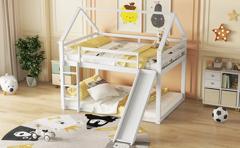 DESMIU Letto a castello casetta 140 × 200 cm 2 posti con scivolo e scala, senza materasso, in pino, bianco