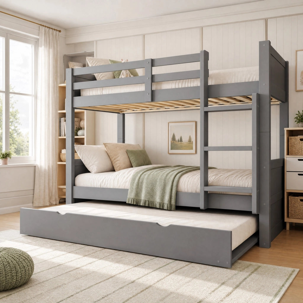 Letto a castello 90x200 cm in legno grigio con letto estraibile; scala e sbarre di sicurezza