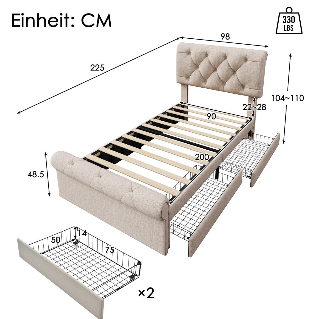 Letto singolo imbottito 90x200 cm con 2 cassetti; testiera regolabile e materasso; naturale