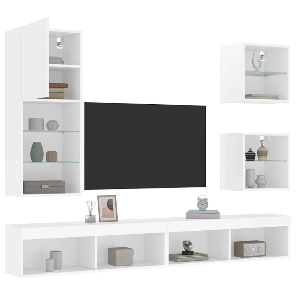 Mobili TV a Muro con LED 5pz | Armadietto TV | Mobile Porta TV Bianchi in Legno Multistrato