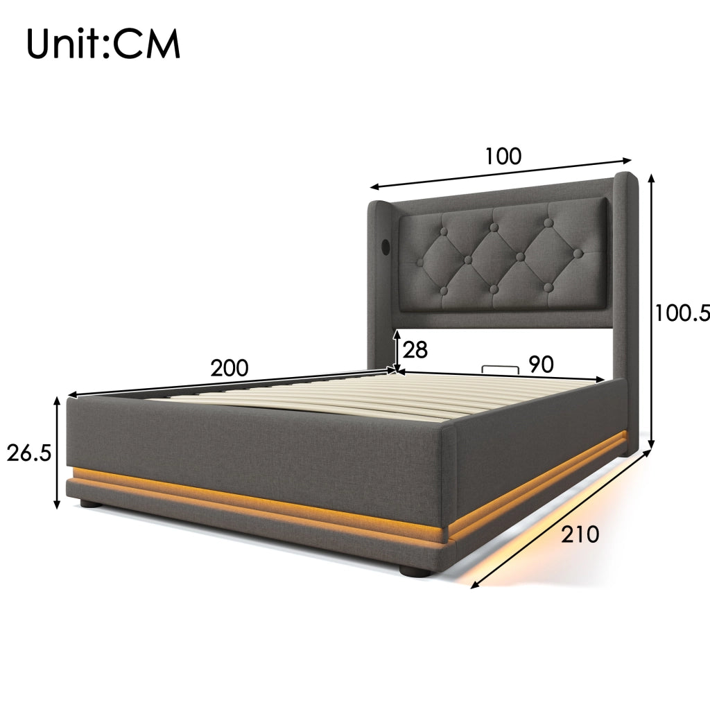 Letto 90x200 cm con contenitore idraulico, LED e USB/USB-C in cotone grigio