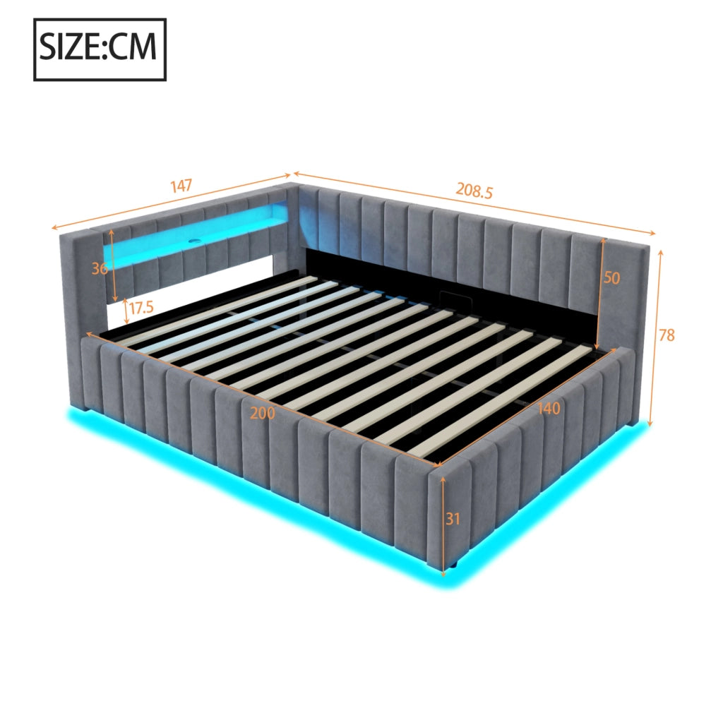 Letto imbottito 140x200 con contenitore idraulico; LED; USB e rete a doghe; grigio