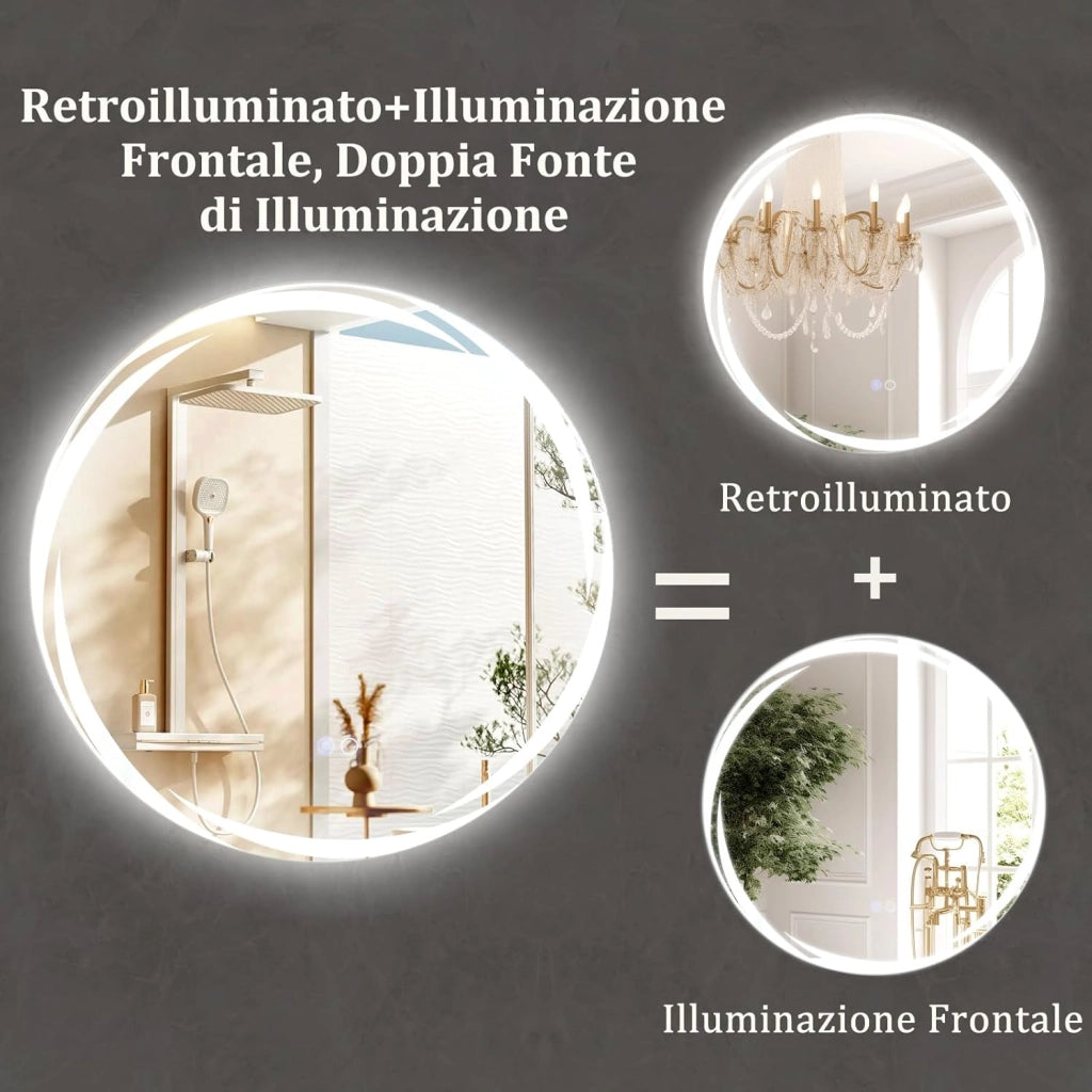 Specchio da Parete 60 x 60cm, Specchio da Bagno Rotondo con Luci Led a 3 Colori, Interruttore a Sfioramento Anti-Appannamento, Funzione di Memoria e Motivo a Onda, IP44