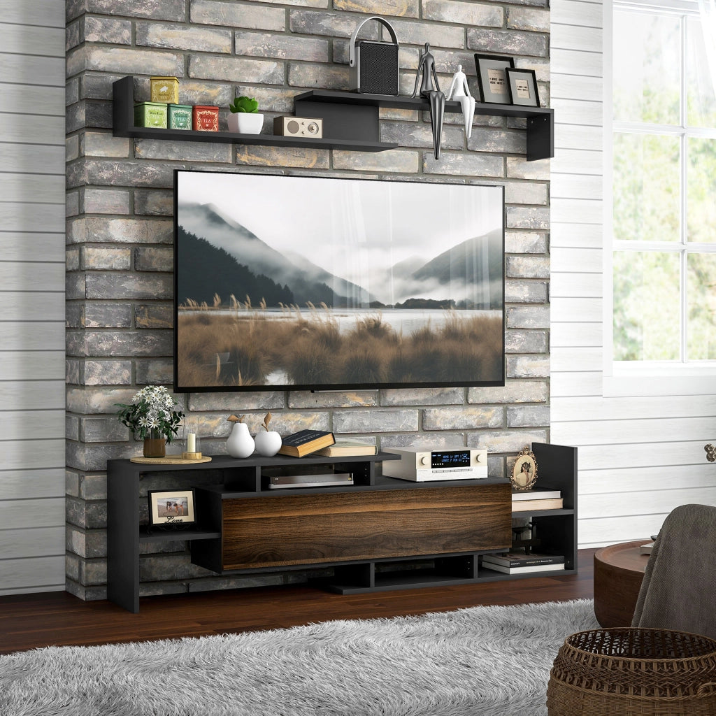 Mobile TV con Mensola a Muro-Credenza  per TV,Ripiani Aperti e Armadietto in Legno,Nero e Marrone