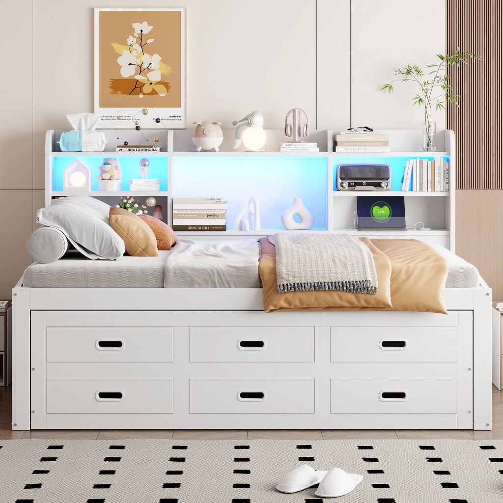 DESMIU Letto divano 90 × 200 cm 1 posto con LED, 3 cassetti, USB e Type-C, senza materasso, bianco