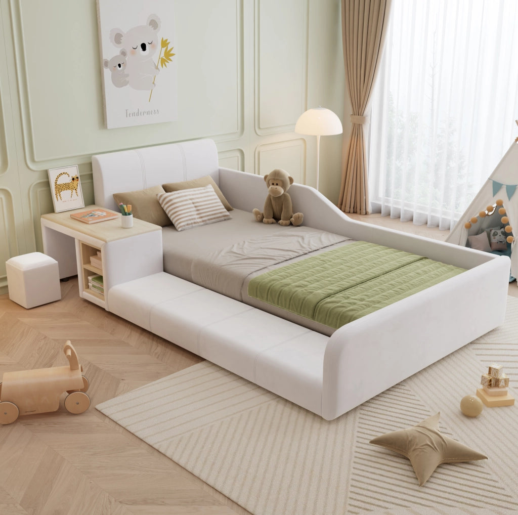 Letto imbottito 90x200 cm con scrivania; sgabello e ripiano in velluto bianco