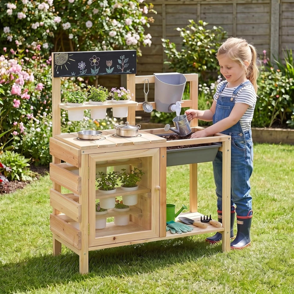 Cucina per Bambini in Legno, Cucina di Fango da Esterno con Serbatoio, Lavello, 12 Vasi di Fiori Rimovibili, Lavagna, Ripiano Inferiore e Accessori per Cucinare per Bambini 3+ Anni