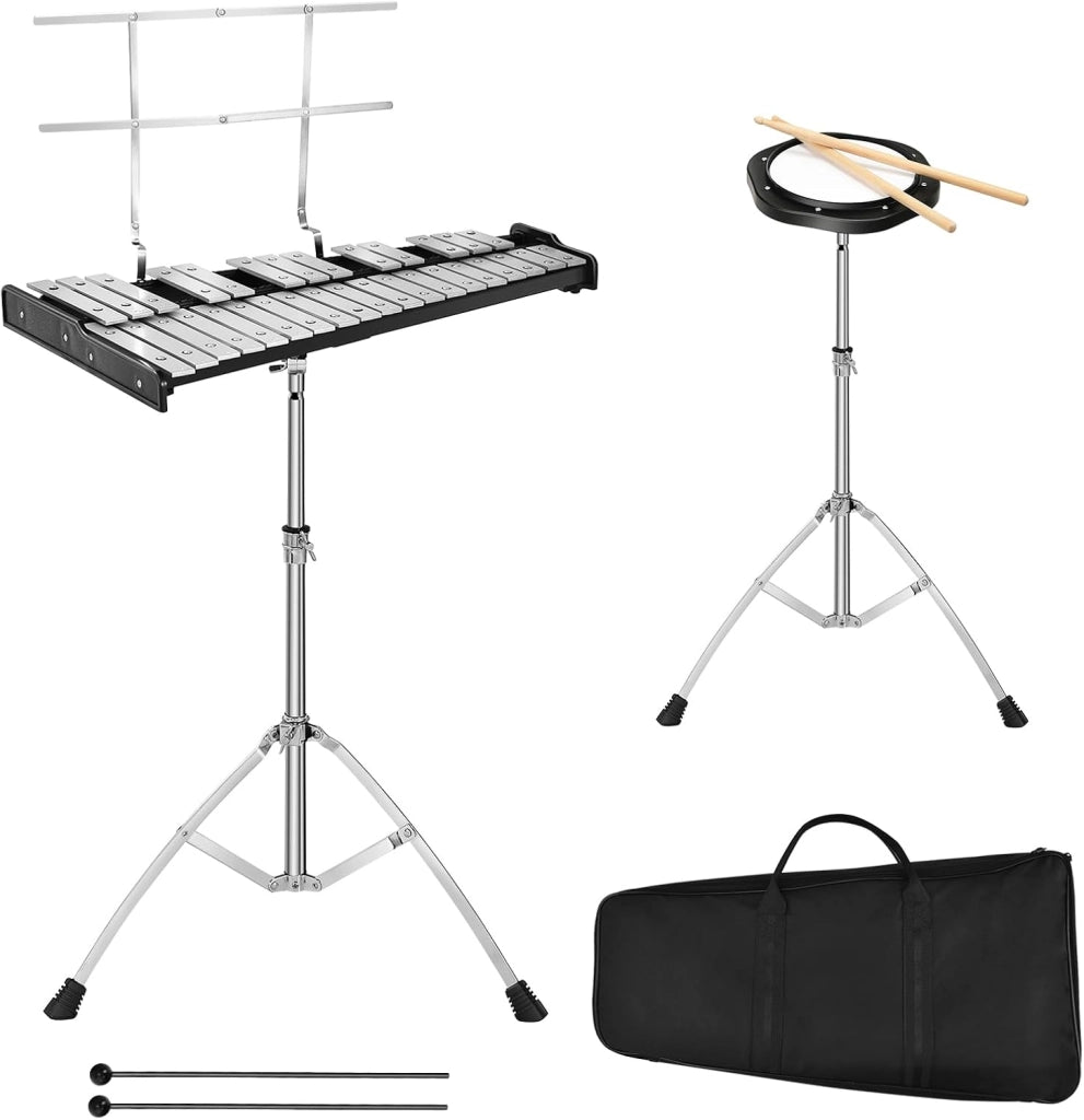 Set con supporto regolabile in altezza, 32 note xilofono con 1 paio di bacchette e bacchette per batteria e 1 tamburo per esercizi a 8 angoli, per bambini, adulti