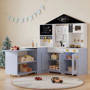 Cucina giocattolo per bambini con lavello, forno, microonde, caffettiera, isola cucina e credenze in MDF lilla