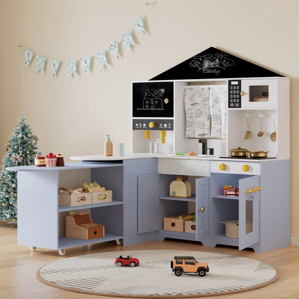 Cucina giocattolo per bambini con lavello, forno, microonde, caffettiera, isola cucina e credenze in MDF lilla
