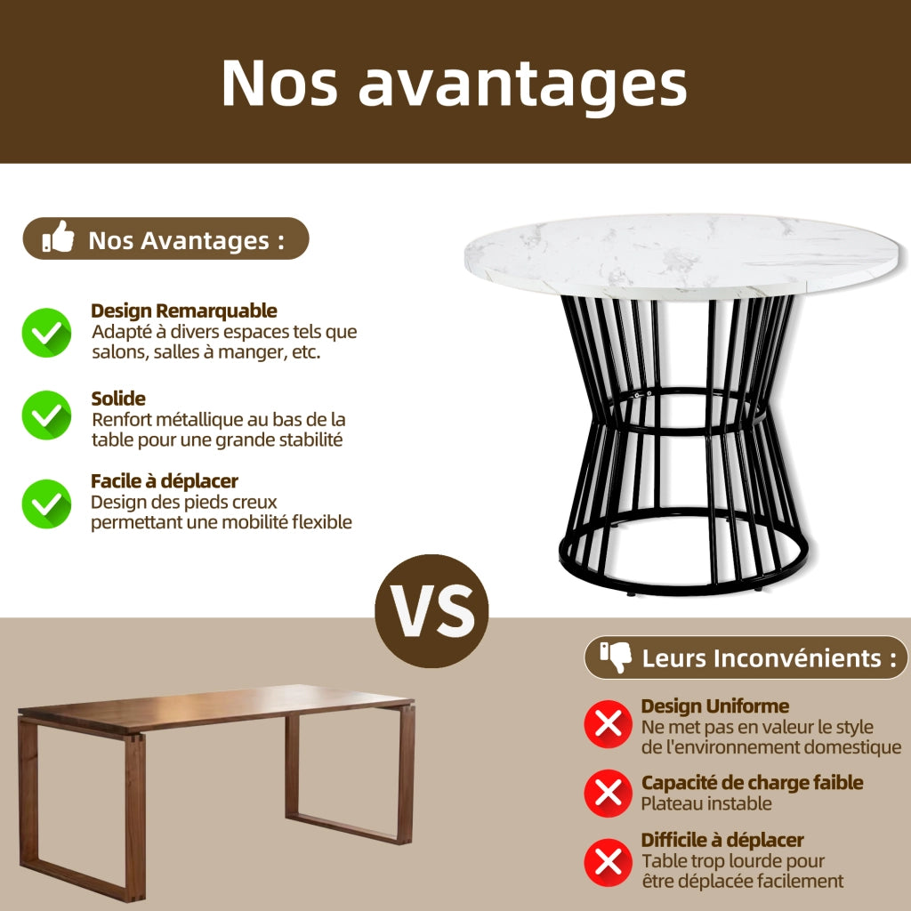 Tavolo da pranzo con piano in MDF effetto marmo, base in metallo, per cucina e soggiorno, nero, diametro 100 cm