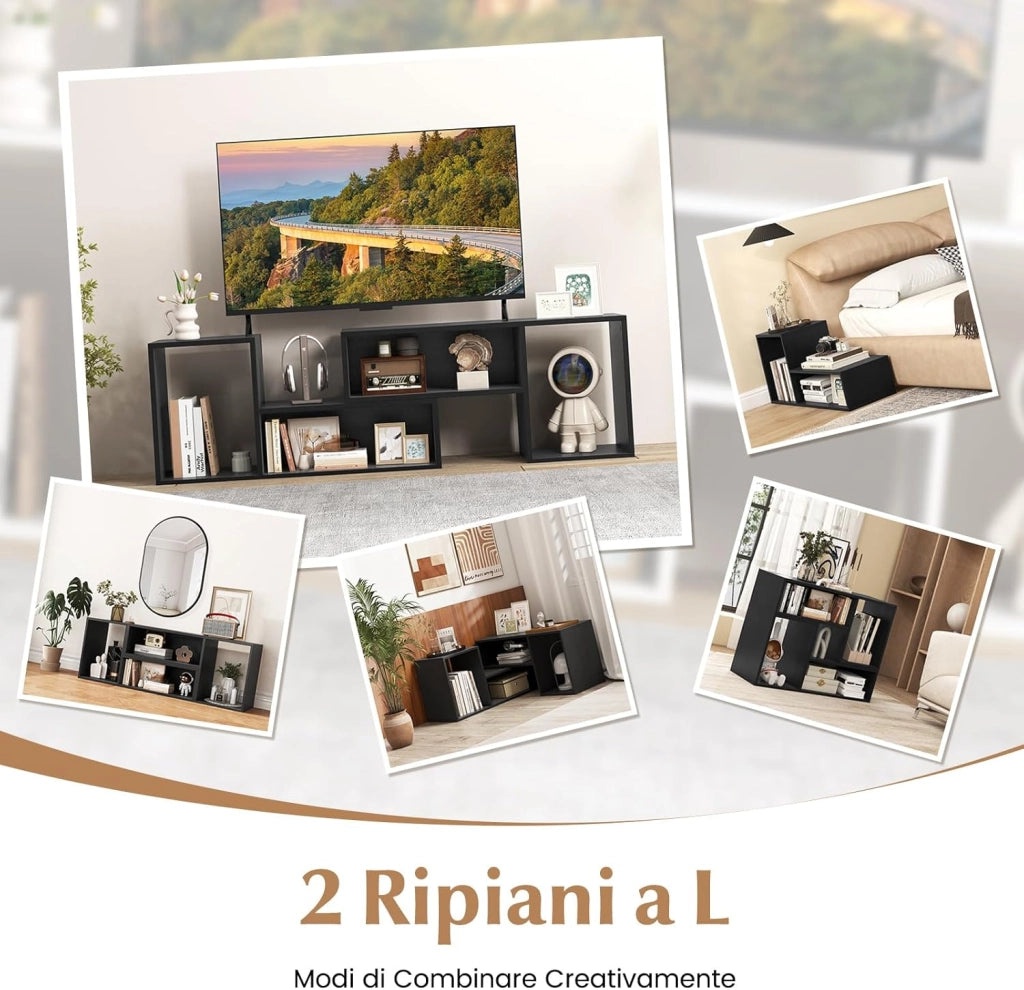 Mobile Porta TV Combinabile a 2 Pezzi, per TV Fino a 60'', Mobile TV a Angolo Soggiorno in Legno, con 4 Vani Aperti, Tavolo Media TV Multifunzionale, per Soggiorno, Camera da Letto (Nero)