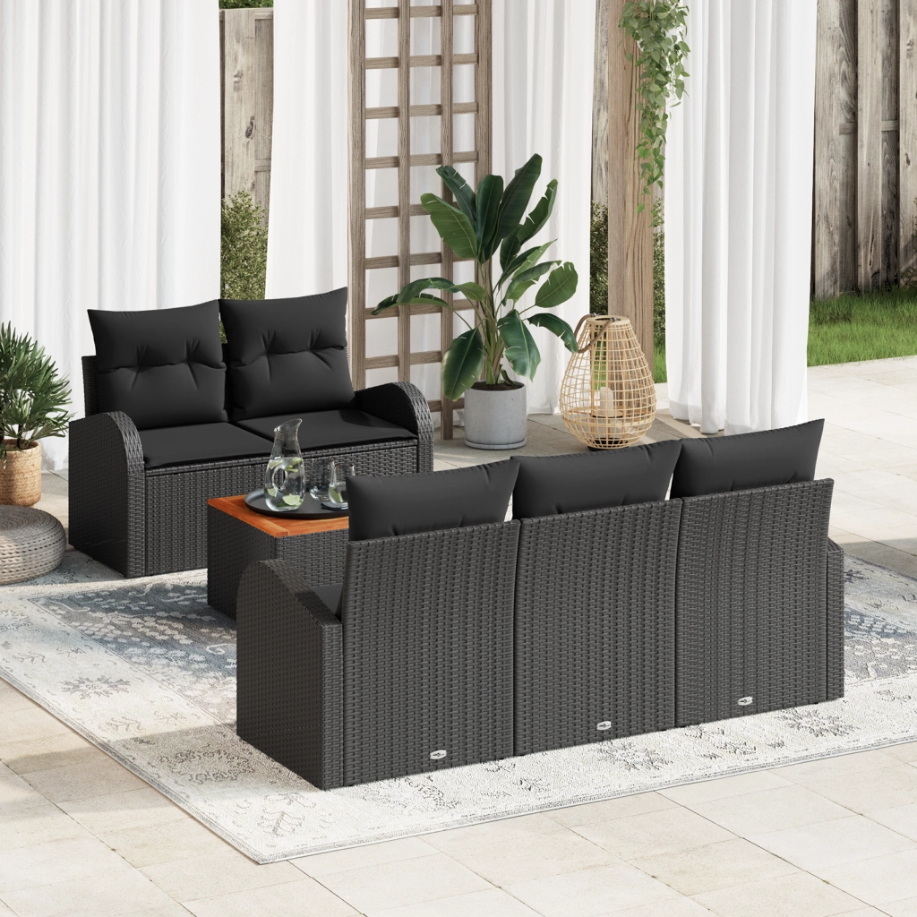 Set Divano da Giardino 6 Pezzi con Cuscini Nero Polyrattan Acacia