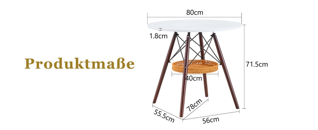Tavolo rotondo Ø 80 cm con piano bianco, gambe in legno massello e cestello portaoggetti sospeso