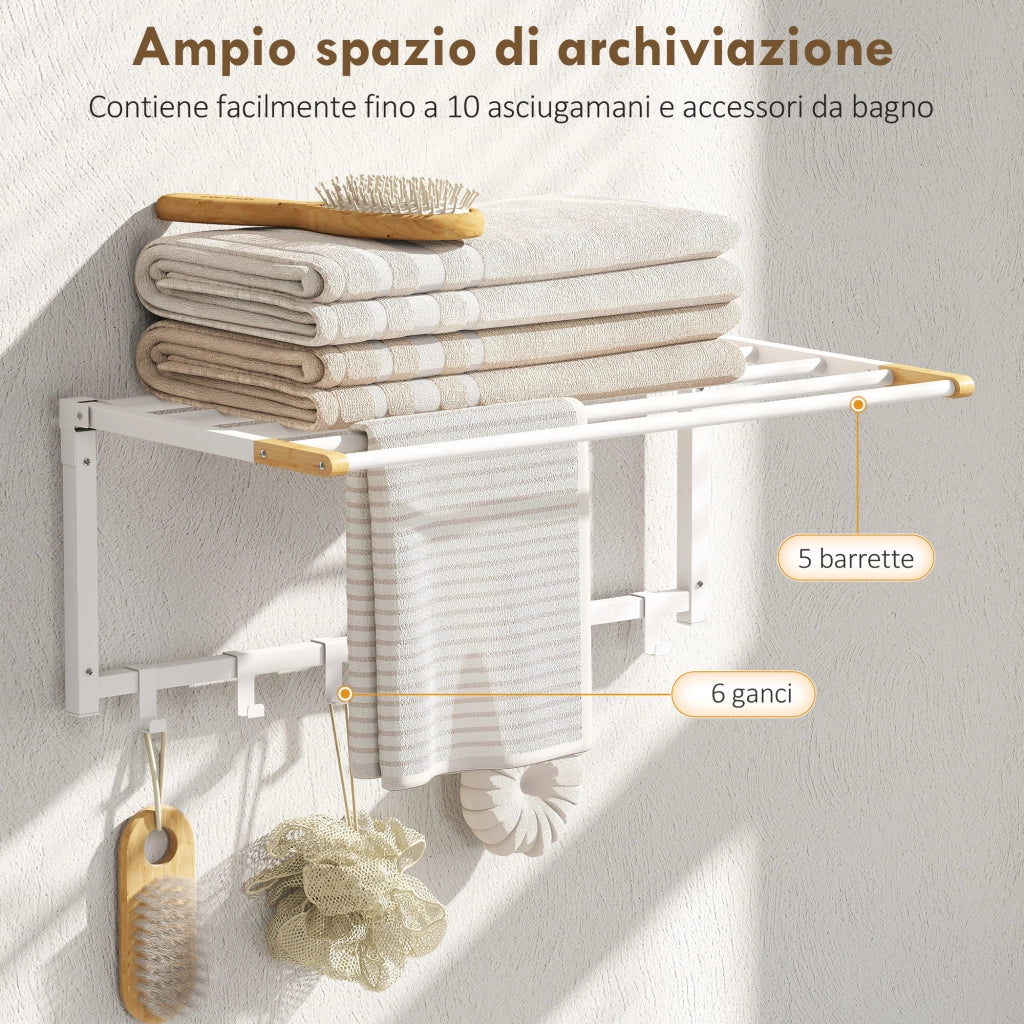 Portasciugamani a Parete Pieghevole 60x32,5x20 cm con 5 Barre e 6 Ganci in Legno e Acciaio Bianco