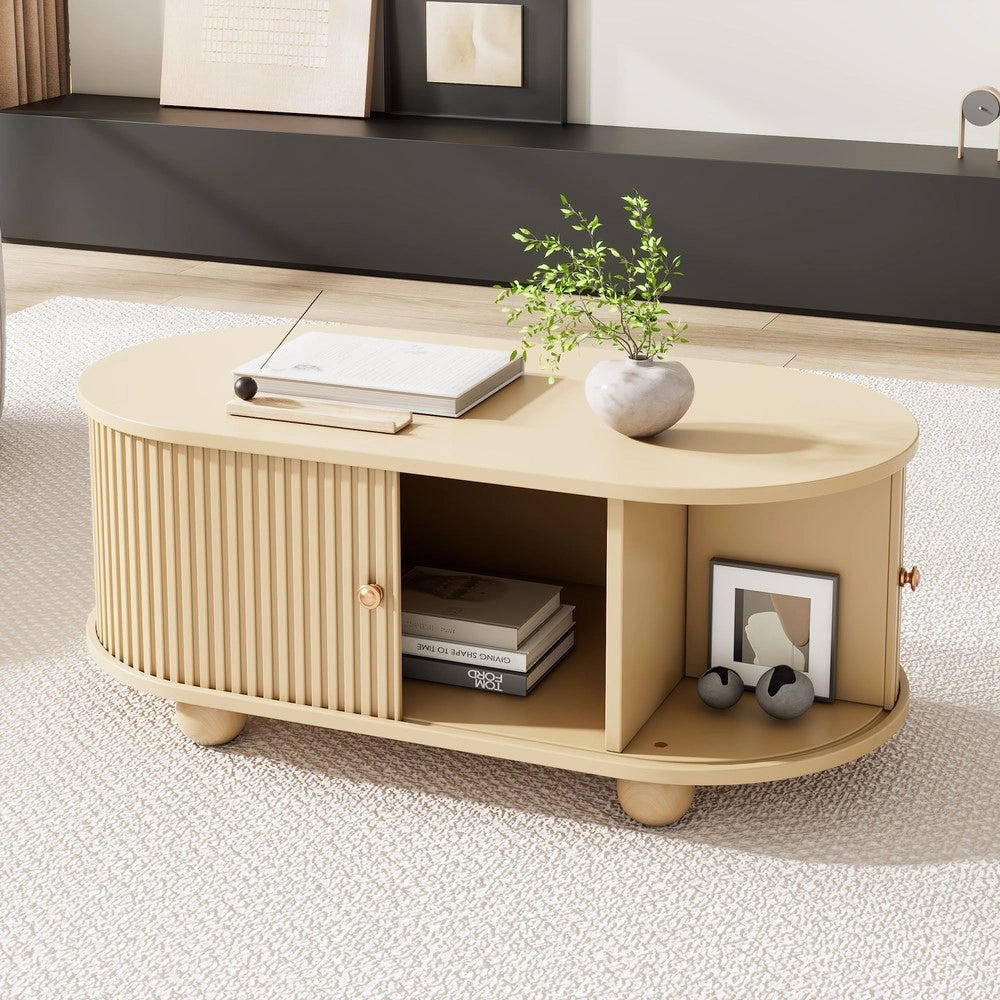 Tavolino Ovale da Salotto con Vano Contenitore e Ante Scorrevoli ¨C MINIMAL ¨C Legno
