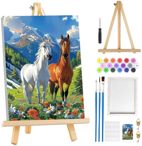 Kit di pittura per adulti - Set di pittura per inizio - Tela ingrandita con cavalletto - Incluso pennelli e vernice acrilica - Hobby creativo per principianti - Set di vernici