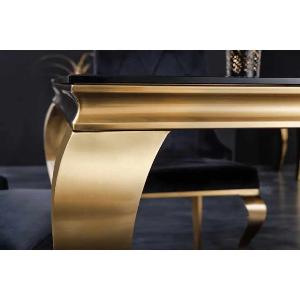 Table VELENA 200 cm – Piano in vetro nero e struttura in acciaio dorato – Eleganza barocca e design raffinato