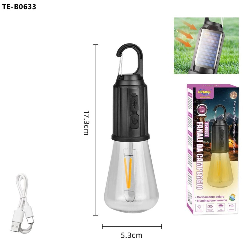 LAMPADA LED CAMPEGGIO SOLARE USB RICARICABILE GANCIO PORTATILE LUCE EMERGENZA 33