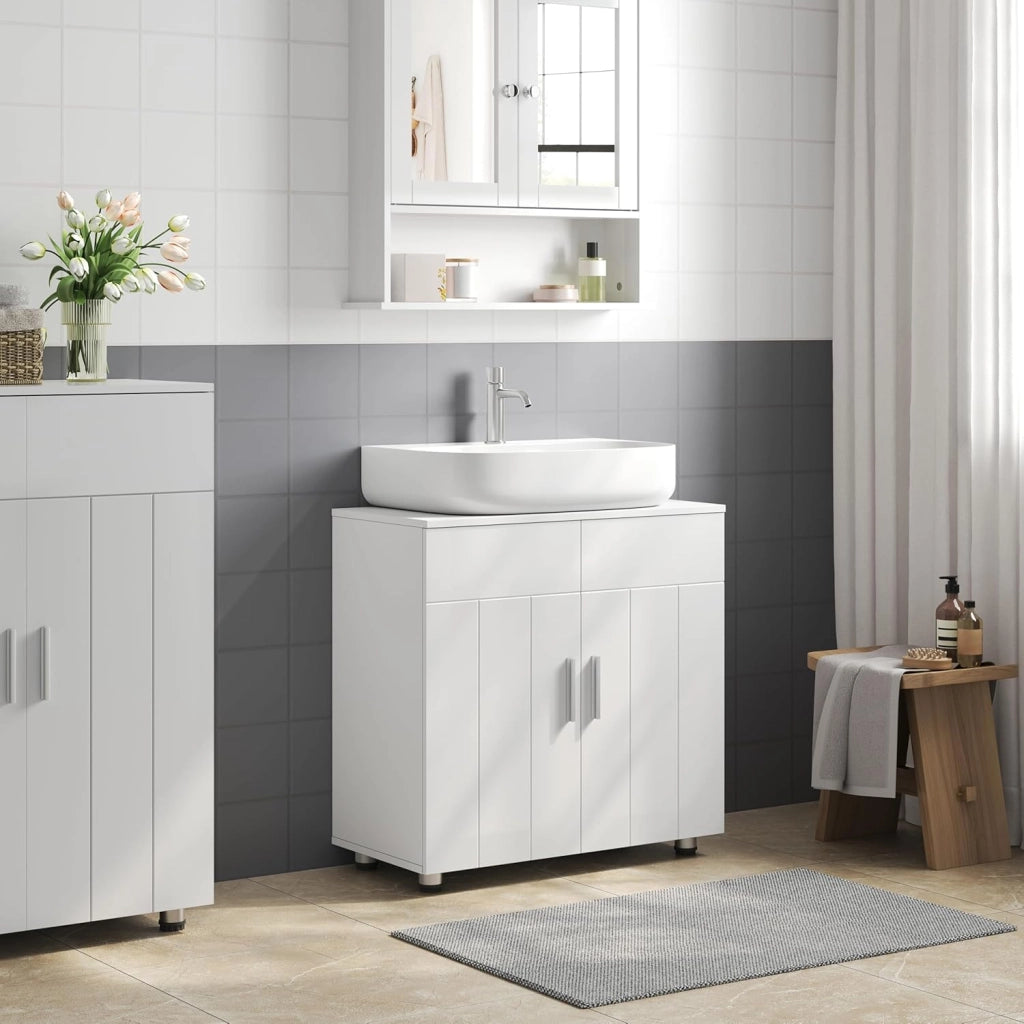 Mobile Sottolavabo per Bagno in MDF, Armadietto Salvaspazio con Ripiano Regolabile Mobiletto, Mobile Copricolonna con Maniglie e Gambe in Metallo, Bianco, Argento, 60x30x60cm