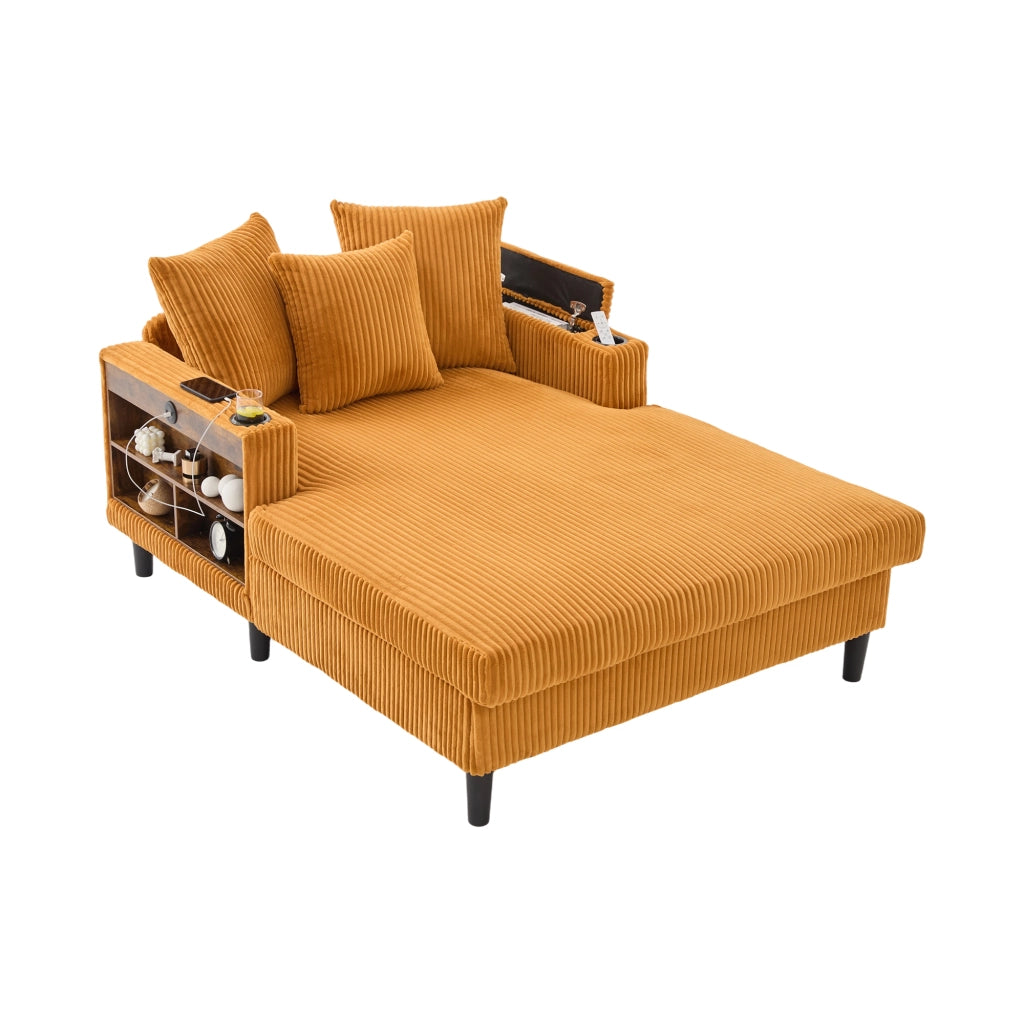Chaiselongue in velluto a coste con portabicchieri, luce LED, vano portaoggetti e porta USB, giallo senape