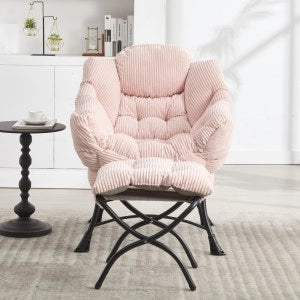 poltrona con pouf; schienale ergonomico; braccioli e tasca laterale; struttura in acciaio rosa