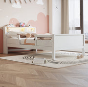 Letto singolo 90x200 cm con luce LED e presa USB e Type-C; testiera con ripiano; legno bianco