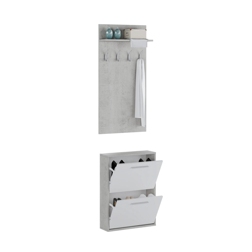 Set Ingresso Salvaspazio con Scarpiera 2 Ribalte e Appendiabiti da Parete con Mensola Mobile Ingresso Moderno Soggiorno Portascarpe Giacche 54 x 73 x 18 Cm Bianco E Grigio Cemento