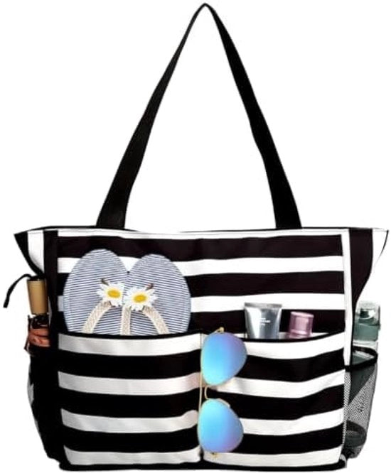 Tas da strand per donne con chiusura a zip, grande tas da spiaggia, XXL, familiare, impermeabile, tas da spiaggia, borsa da spalle per spiaggia, viaggi, piscina, palestra, nero-bianco a strisce