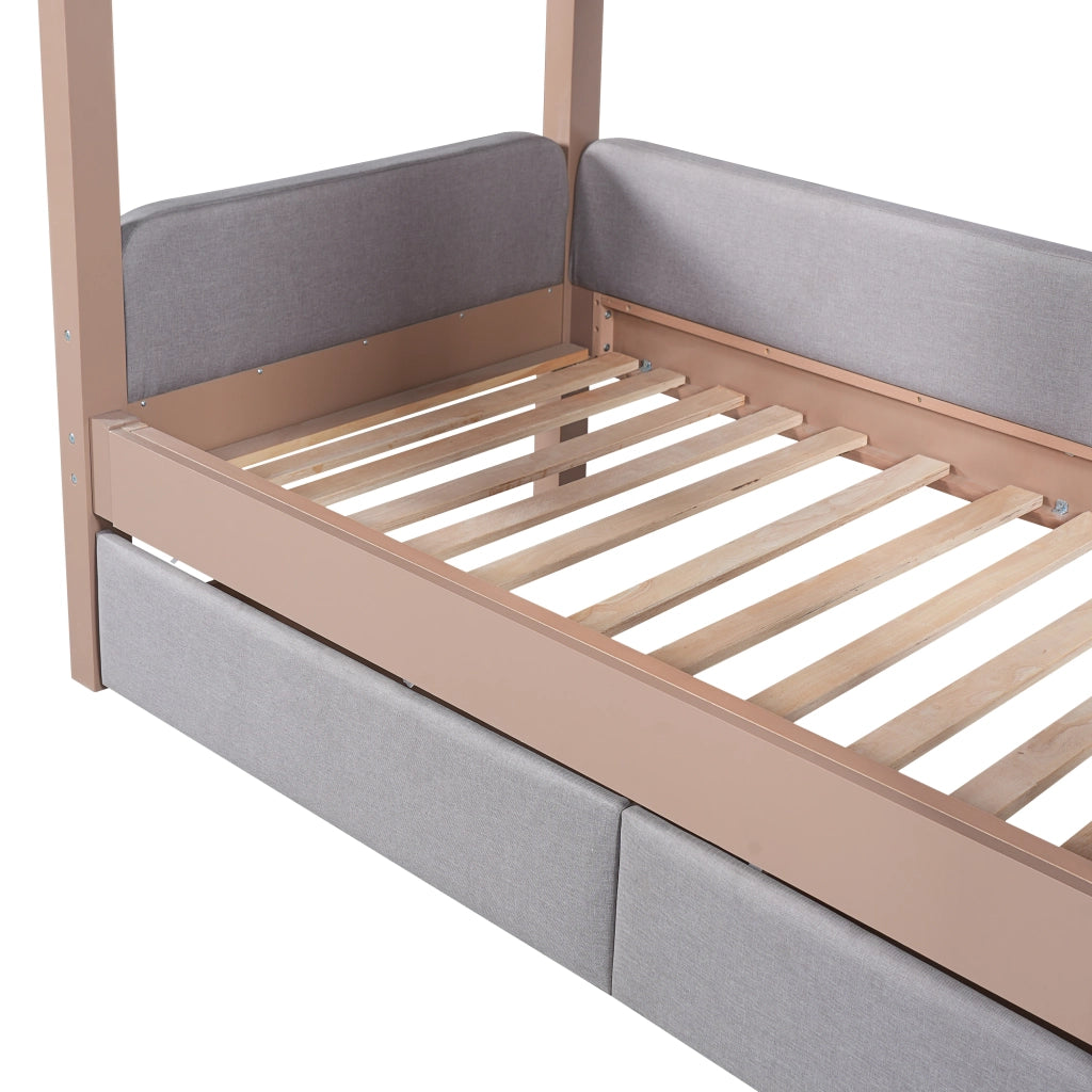 Letto a Castello 90x200 cm - 2 Cassetti; Scala a 4 Gradini e Sponde - Grigio
