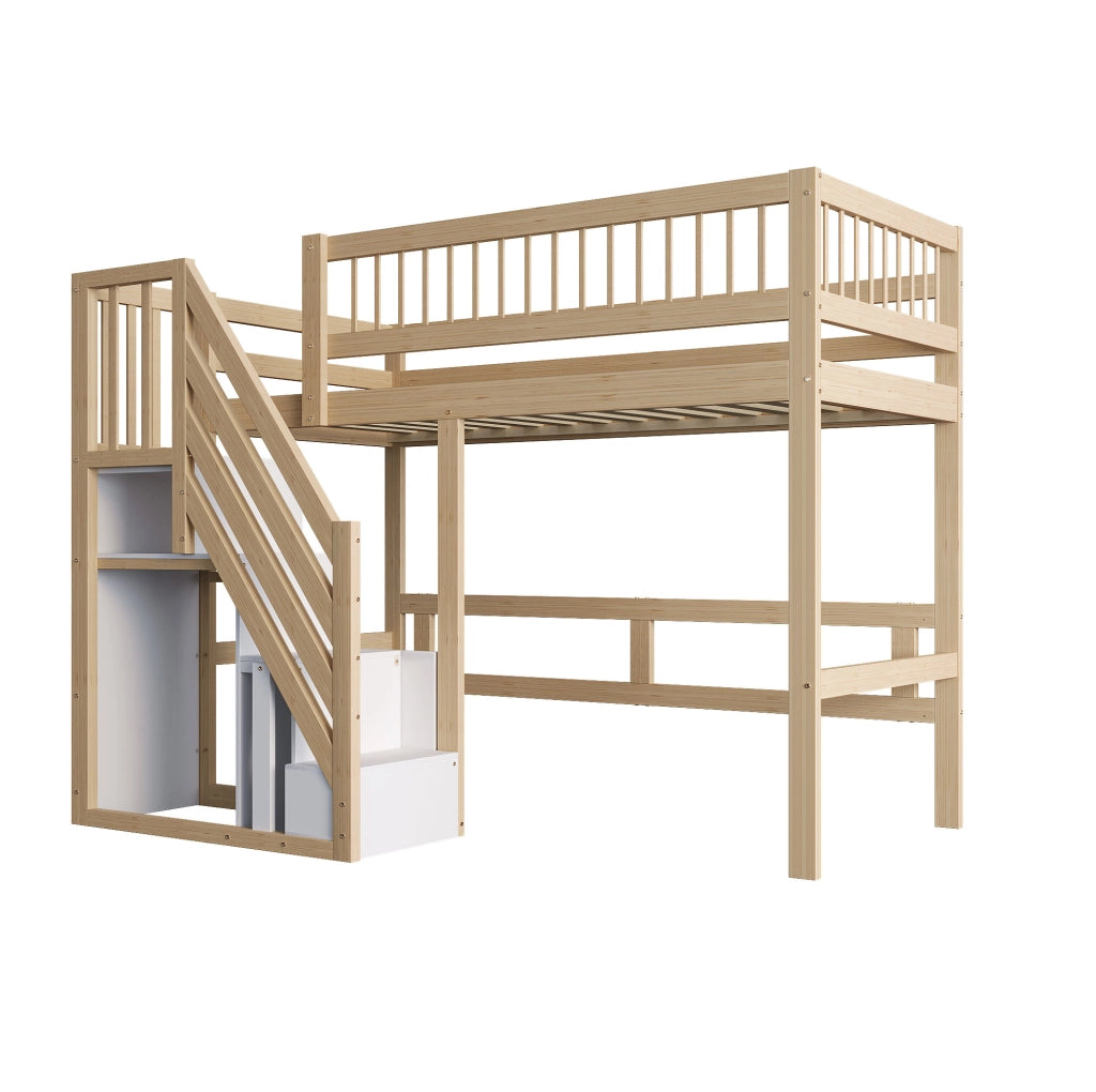 Letto a soppalco 90x200 cm con scala contenitore in legno colore naturale
