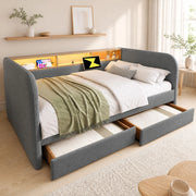 Letto imbottito 140x190 cm in lino grigio con LED; porte USB e Type-C; 2 cassetti