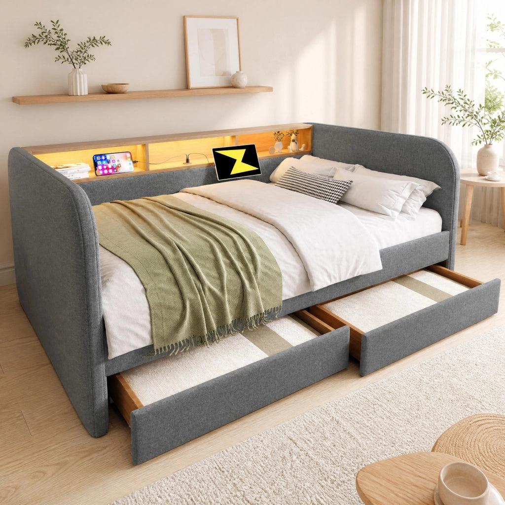 Letto imbottito 140x190 cm in lino grigio con LED; porte USB e Type-C; 2 cassetti