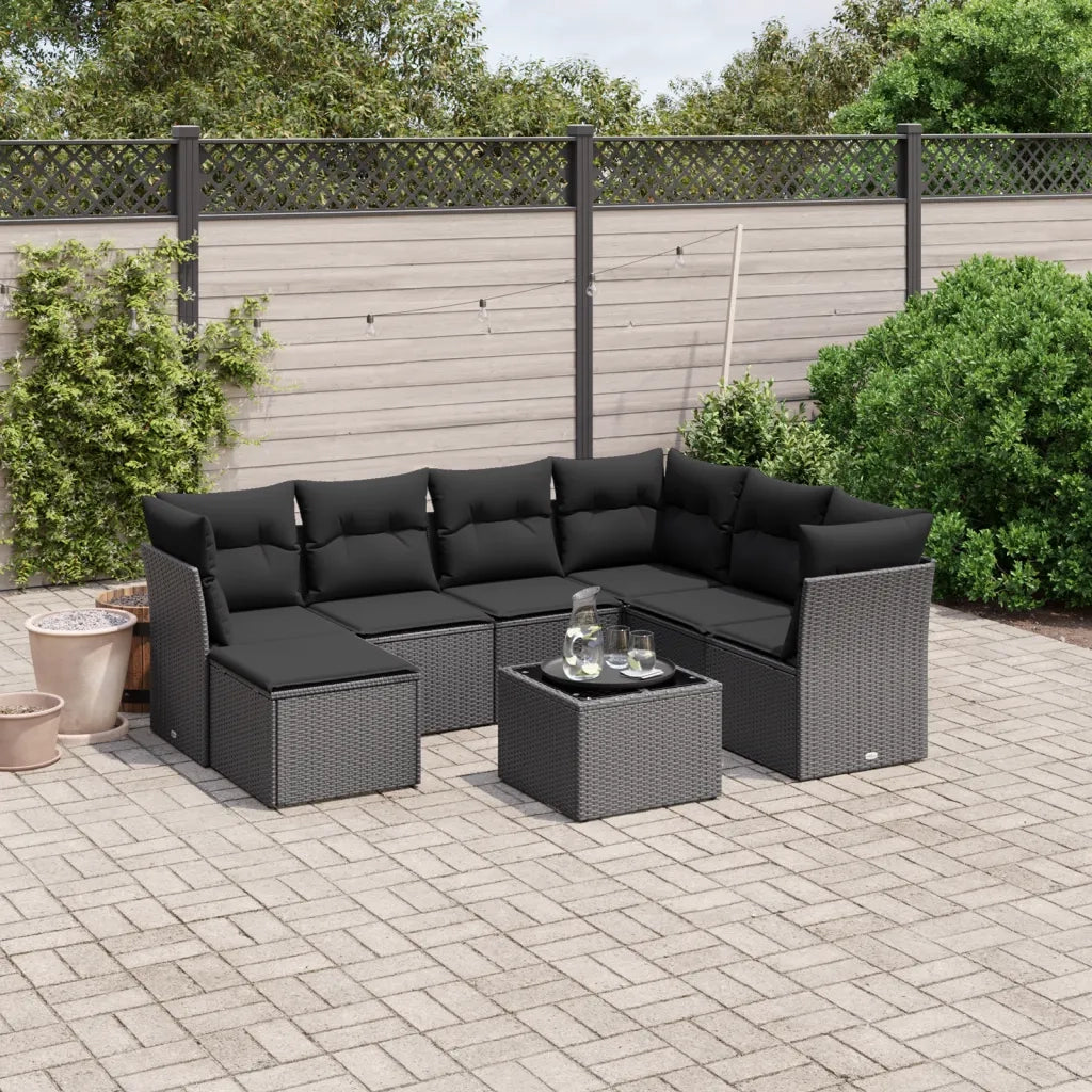 Set Divani da Giardino con Cuscini 8 pz Nero in Polyrattan