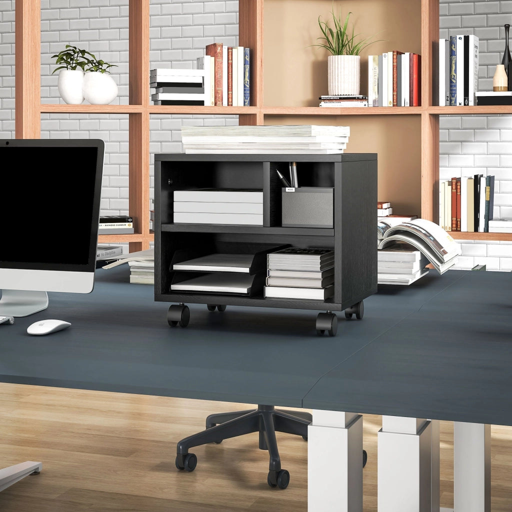 Mobile Porta Stampante a 2 Livelli con 3 Scomparti e Ruote per Ufficio e Studio 40x30x36 cm in Truciolato Nero