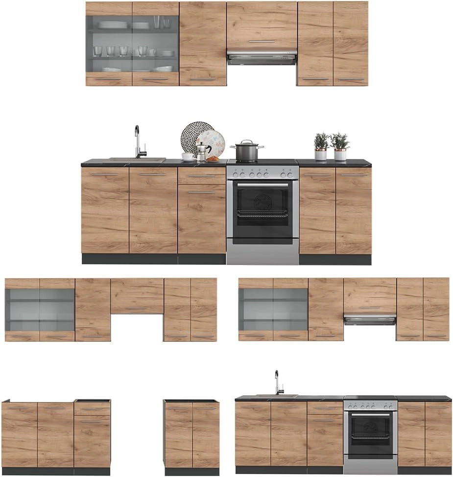 Cucina componibile Fame-Line, Quercia dorata/antracite, 240 cm senza piano di lavoro, adatto per l'espansione individuale con moduli aggiuntivi