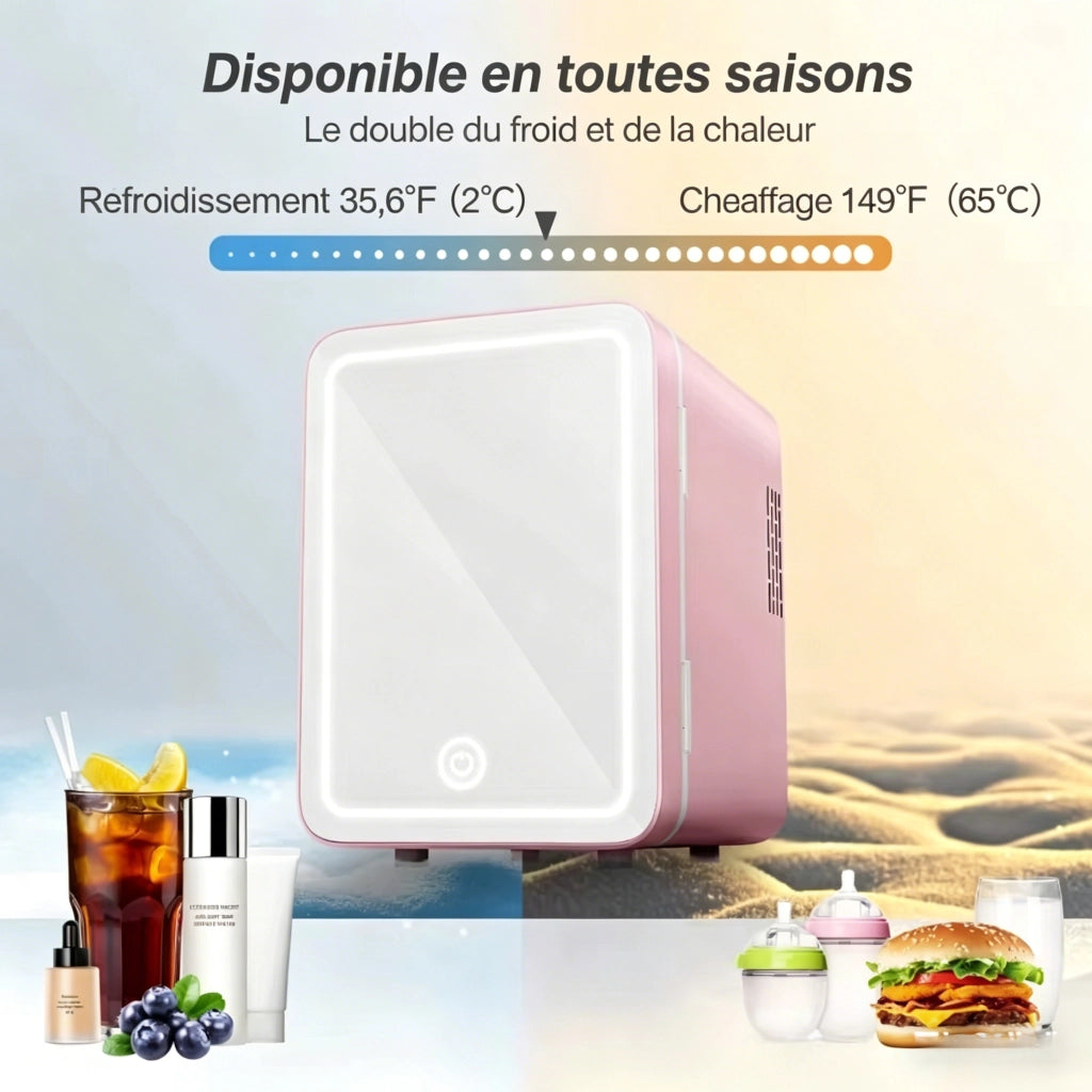 Mini frigorifero - 4L - Specchio LED 3 ripiani - 2°C–65°C - Alimentazione AC/DC