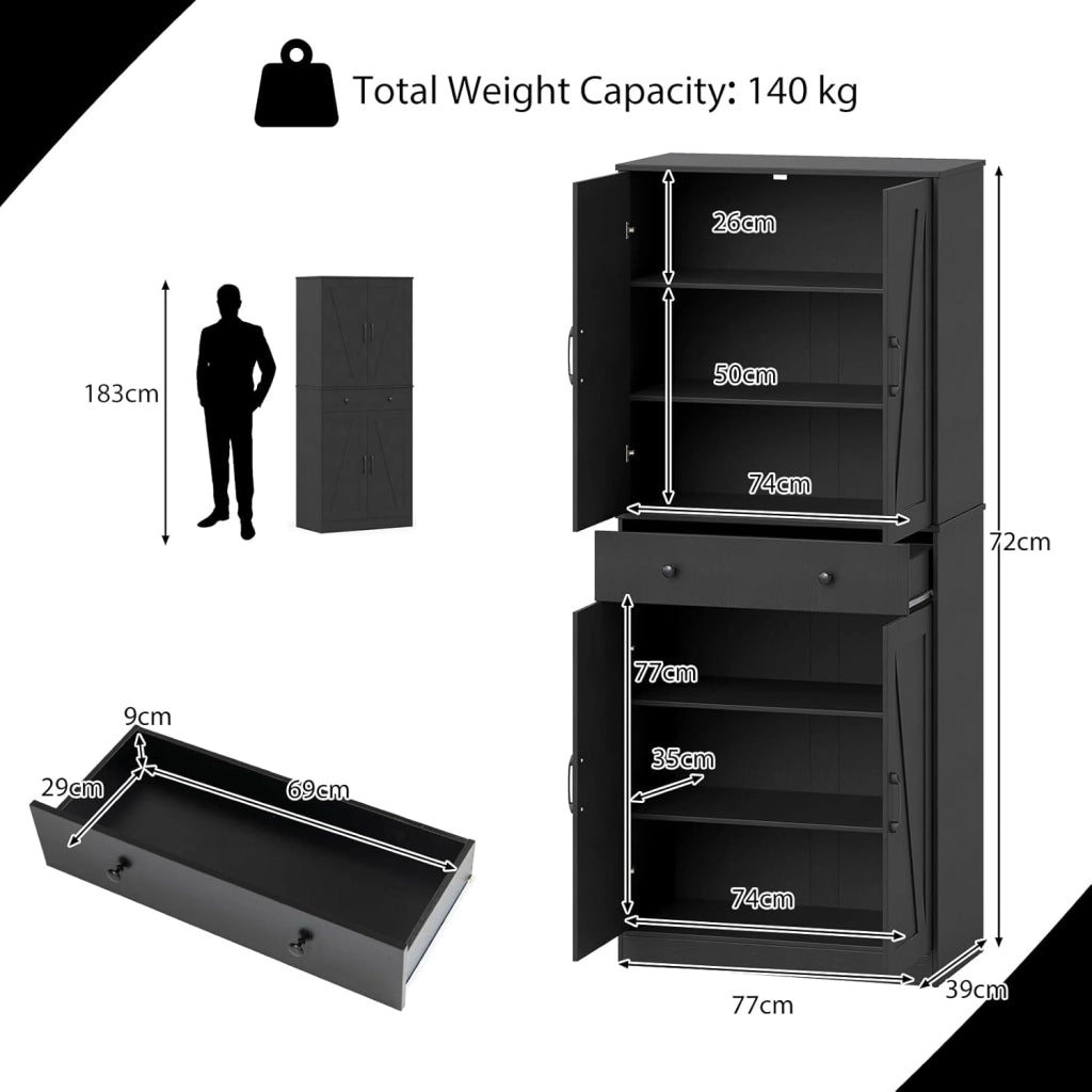 Credenza Alta da Cucina in Legno, 2 Armadi con Ante e 1 Cassetto, Mobile Buffet con 3 Ripiani Regolabili, Mobiletto Multiuso per Soggiorno, Sala da Pranzo, 77x39x183cm(In 2 Pacchi) (Nero)
