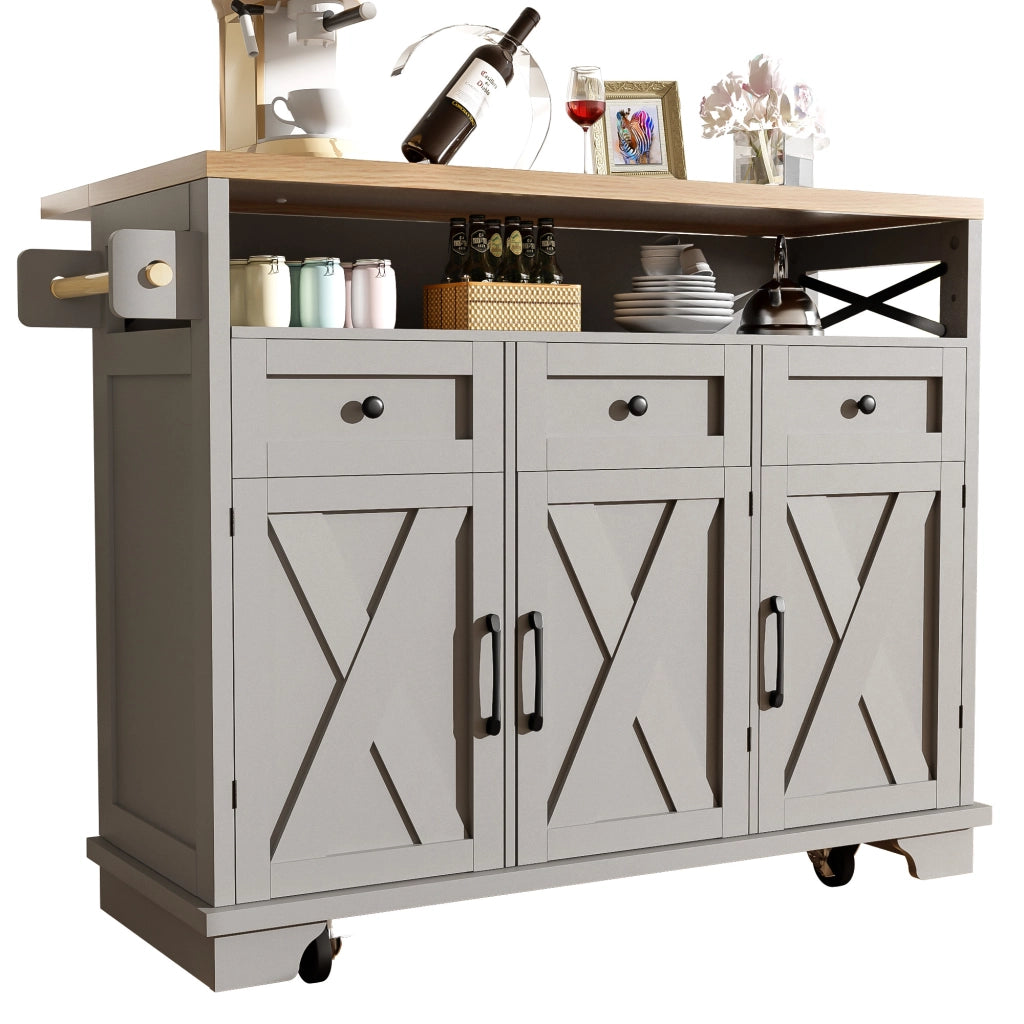 OKWISH Carrello da cucina con 3 cassetti e vano contenitore, piano ribaltabile, portaasciugamani e ruote, 118×43×98 cm