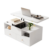 Tavolino da Salotto Alzabile con 4 Cassetti e Ruote; Piano Pieghevole; per Soggiorno; in MDF; Bianco; 100×50×47;5 cm